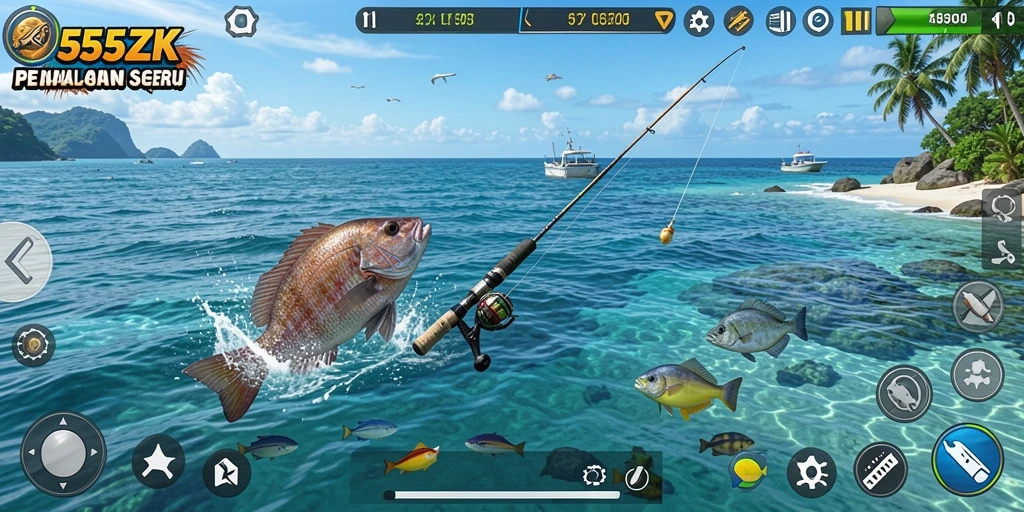 Gameplay seru <strong>555ZK</strong> dengan berbagai teknik memancing di laut.