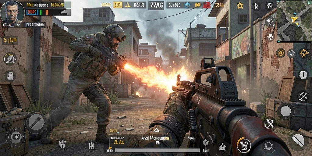 Tangkapan layar menampilkan aksi intens dari gameplay FPS 77AG.