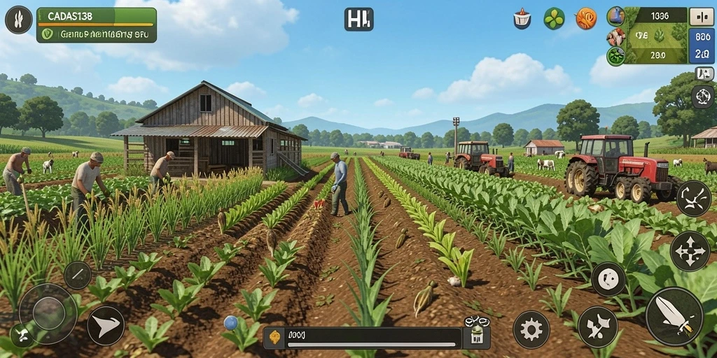 Screenshot gameplay CADAS138 menampilkan lahan pertanian yang rimbun dan interaksi dengan hewan ternak.
