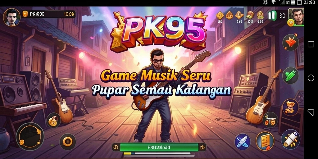 Tampilan gameplay PK95 dengan berbagai alat musik dan lagu menarik.