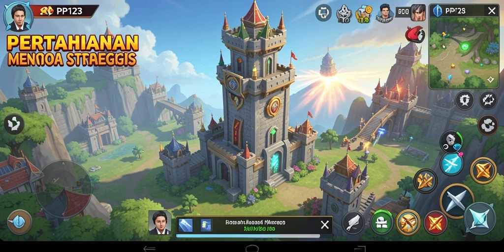 Gameplay seru PP123 dengan menara strategis dan pertempuran intens.