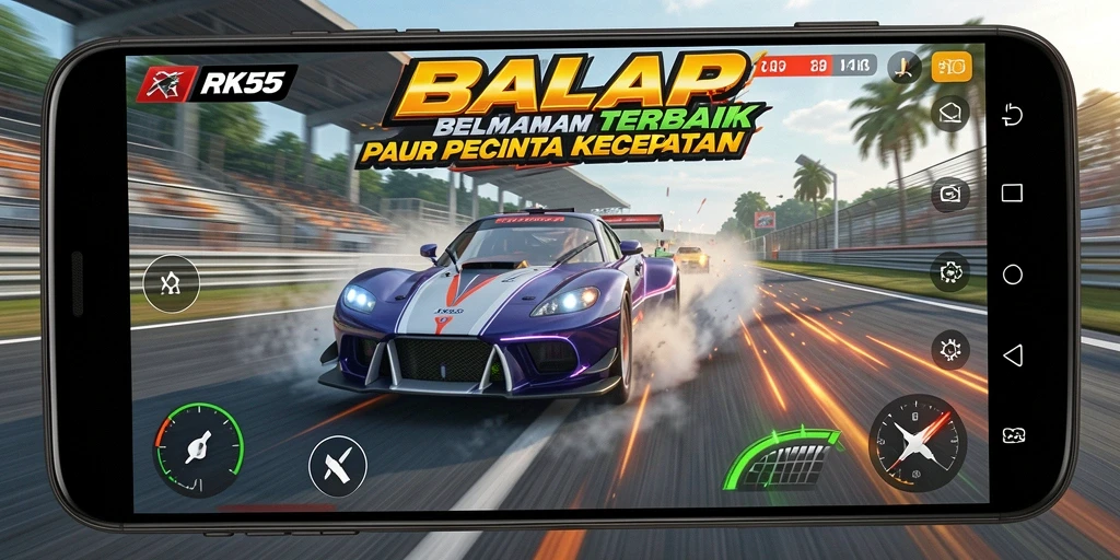 Tampilan gameplay RK55 yang mendebarkan dengan mobil balap cepat.