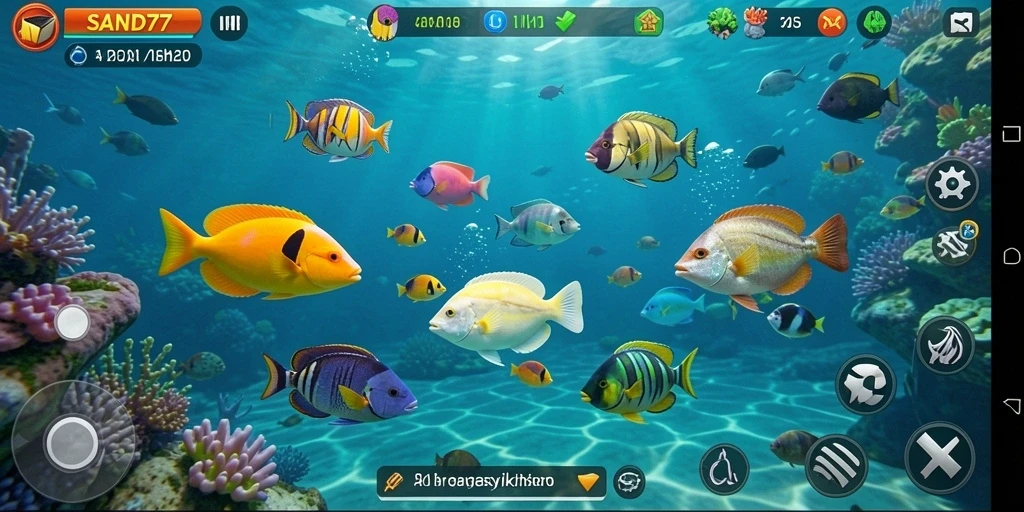 Gameplay SAND77 menunjukkan aksi menembak ikan yang seru dan penuh warna.