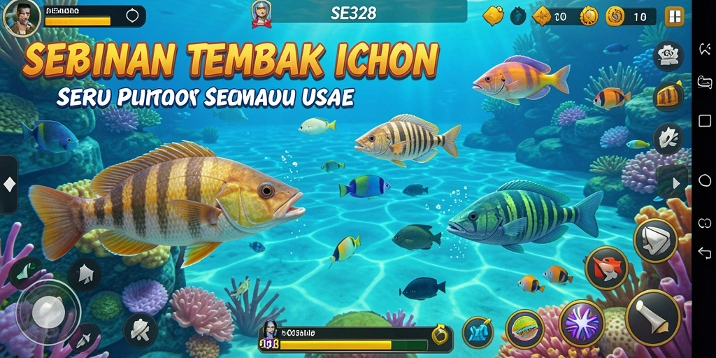 Tampilan gameplay SE328 dengan banyak jenis ikan untuk ditangkap.